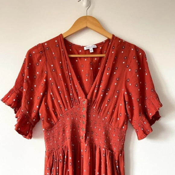 Patrons Of Peace Red Floral Rayon V Neck Short Ruffle Sleeve Jumpsuit Sz  S - Picture 2 of 7